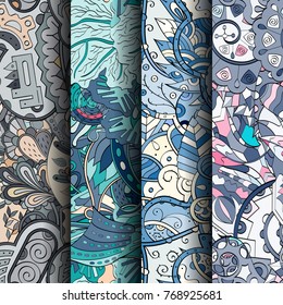 Set of tracery colorful seamless patterns. Vertical stripes. Curved doodling backgrounds for textile or printing with mehndi and ethnic motives. Vector