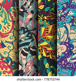 Set of tracery colorful seamless patterns. Vertical stripes. Curved doodling backgrounds for textile or printing with mehndi and ethnic motives. Vector