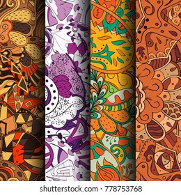 Set of tracery colorful seamless patterns. Vertical stripes. Curved doodling backgrounds for textile or printing with mehndi and ethnic motives. Vector