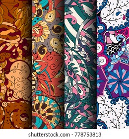 Set of tracery colorful seamless patterns. Vertical stripes. Curved doodling backgrounds for textile or printing with mehndi and ethnic motives. Vector