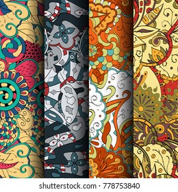 Set of tracery colorful seamless patterns. Vertical stripes. Curved doodling backgrounds for textile or printing with mehndi and ethnic motives. Vector
