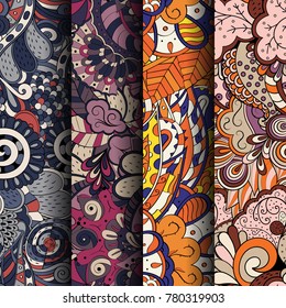 Set of tracery colorful seamless patterns. Vertical stripes. Curved doodling backgrounds for textile or printing with mehndi and ethnic motives. Vector