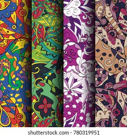 Set of tracery colorful seamless patterns. Vertical stripes. Curved doodling backgrounds for textile or printing with mehndi and ethnic motives. Vector