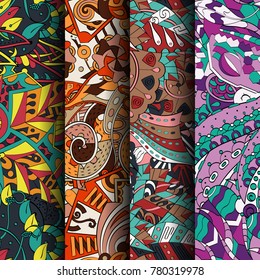 Set of tracery colorful seamless patterns. Vertical stripes. Curved doodling backgrounds for textile or printing with mehndi and ethnic motives. Vector