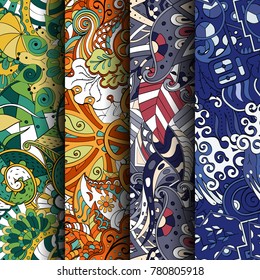 Set of tracery colorful seamless patterns. Vertical stripes. Curved doodling backgrounds for textile or printing with mehndi and ethnic motives. Vector