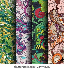 Set of tracery colorful seamless patterns. Vertical stripes. Curved doodling backgrounds for textile or printing with mehndi and ethnic motives. Vector