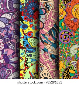 Set of tracery colorful seamless patterns. Vertical stripes. Curved doodling backgrounds for textile or printing with mehndi and ethnic motives. Vector