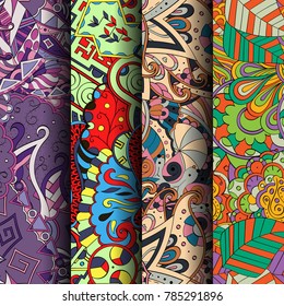 Set of tracery colorful seamless patterns. Vertical stripes. Curved doodling backgrounds for textile or printing with mehndi and ethnic motives. Vector
