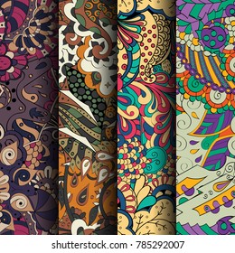 Set of tracery colorful seamless patterns. Vertical stripes. Curved doodling backgrounds for textile or printing with mehndi and ethnic motives. Vector