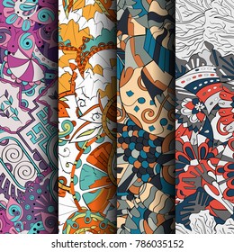 Set of tracery colorful seamless patterns. Vertical stripes. Curved doodling backgrounds for textile or printing with mehndi and ethnic motives. Vector