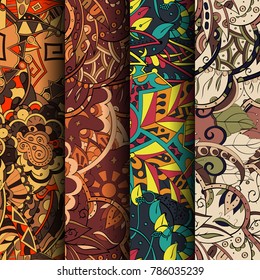 Set of tracery colorful seamless patterns. Vertical stripes. Curved doodling backgrounds for textile or printing with mehndi and ethnic motives. Vector