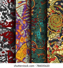 Set of tracery colorful seamless patterns. Vertical stripes. Curved doodling backgrounds for textile or printing with mehndi and ethnic motives. Vector