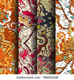 Set of tracery colorful seamless patterns. Vertical stripes. Curved doodling backgrounds for textile or printing with mehndi and ethnic motives. Vector