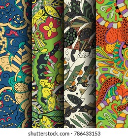 Set of tracery colorful seamless patterns. Vertical stripes. Curved doodling backgrounds for textile or printing with mehndi and ethnic motives. Vector