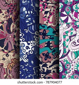 Set of tracery colorful seamless patterns. Vertical stripes. Curved doodling backgrounds for textile or printing with mehndi and ethnic motives. Vector