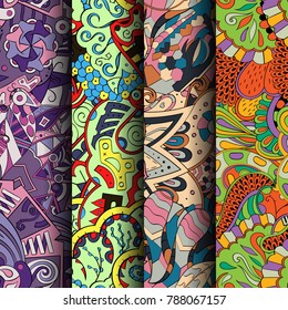 Set of tracery colorful seamless patterns. Vertical stripes. Curved doodling backgrounds for textile or printing with mehndi and ethnic motives. Vector