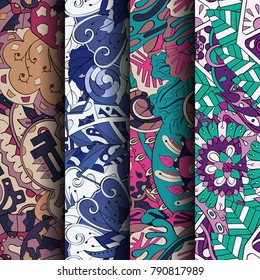 Set of tracery colorful seamless patterns. Vertical stripes. Curved doodling backgrounds for textile or printing with mehndi and ethnic motives. Vector
