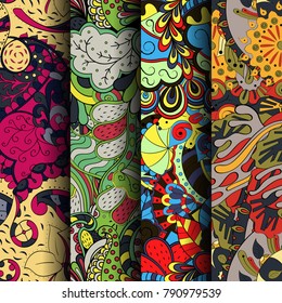Set of tracery colorful seamless patterns. Vertical stripes. Curved doodling backgrounds for textile or printing with mehndi and ethnic motives. Vector