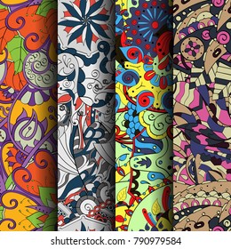 Set of tracery colorful seamless patterns. Vertical stripes. Curved doodling backgrounds for textile or printing with mehndi and ethnic motives. Vector