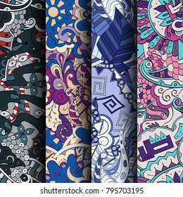 Set of tracery colorful seamless patterns. Vertical stripes. Curved doodling backgrounds for textile or printing with mehndi and ethnic motives. Vector