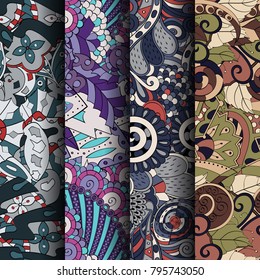 Set of tracery colorful seamless patterns. Vertical stripes. Curved doodling backgrounds for textile or printing with mehndi and ethnic motives. Vector