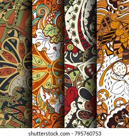 Set of tracery colorful seamless patterns. Vertical stripes. Curved doodling backgrounds for textile or printing with mehndi and ethnic motives. Vector