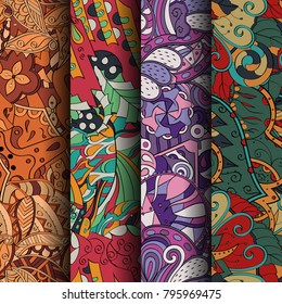 Set of tracery colorful seamless patterns. Vertical stripes. Curved doodling backgrounds for textile or printing with mehndi and ethnic motives. Vector