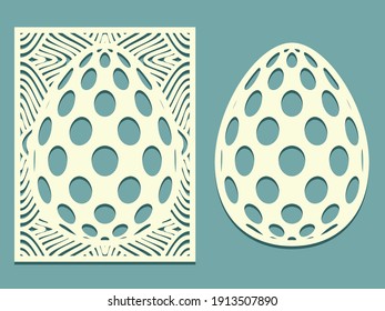 Set of Tracery Eggs with polka dot pattern. Laser cutting oval and rectangle card template. Happy Easter egg with floral pattern. Silhouette of elements. Vector illustration.