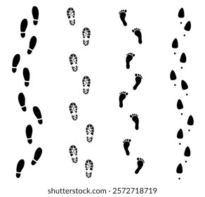 Set of traces of human shoes, bare feet, women's and men's shoes, sports running shoes, soles on a white background. Vector illustration.