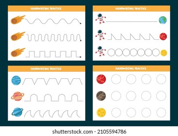 Set of tracing lines worksheets for kids with planets. Handwriting practice.