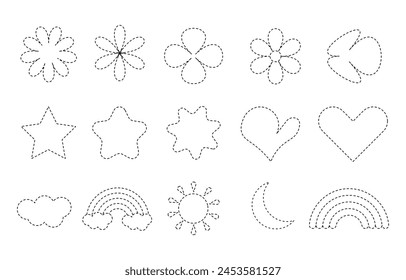 Set of  Tracing objects for writing.  Dotted style objects Flower. heart, star, cloud, rainbow, moon, sun. Use for tracing materials, school, and learning.