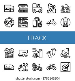 Set of track icons. Such as Train, Railroad crossing, Tires, Counter, Toy train, Pedal, Bowling, Bicycle, Subway, Recorder, Freight wagon, Bowling pins, Footprint , track icons