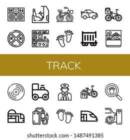 Set of track icons such as Turntable, Railroad crossing, Racing, Counter, Bicycle, Footprint, Racing car, Railway carriage, Vynil, Subway, Toy train, Pedal, Train, Feet , track