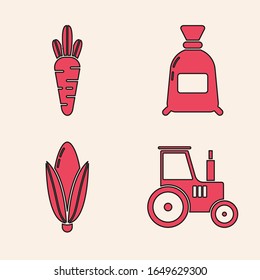 Set Tractor, Carrot, Bag of flour and Corn icon. Vector