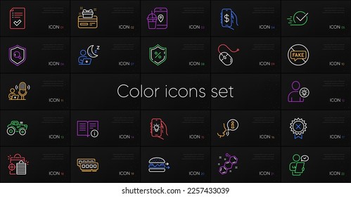 Set of Tractor, Chemical formula and Customer survey line icons. Include Inspect, Technical info, Loyalty card icons. Approved checklist, Ram, Fake news web elements. Food app. Vector