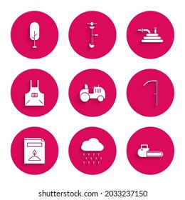 Set Tractor, Cloud with rain, Chainsaw, Scythe, A pack full of seeds of specific plant, Kitchen apron, Garden hose fire hose and Tree icon. Vector