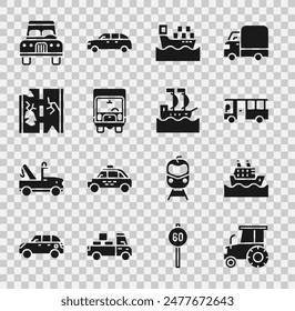 Set Tractor, Cruise ship, Bus, Cargo with boxes, Delivery cargo truck, Broken road,  and Sailboat icon. Vector
