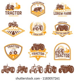 Set of tractor emblems. Farmers market. Design element for logo, label, sign. Vector illustration