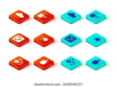 Set Tractor, Full sack, Plant, Wheelbarrow with dirt, Watering can and Cloud rain icon. Vector