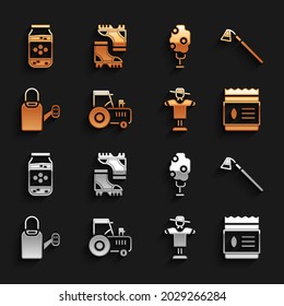 Set Tractor, Garden hoe, Pack full of seeds of plant, Scarecrow, Watering can, Tree with apple, Jar honey and Waterproof rubber boot icon. Vector