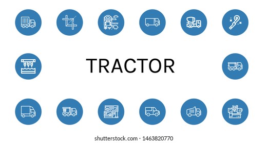 Set of tractor icons such as Cargo truck, Crop, Sheep farm, Mixer truck, Blower, Crane truck, Rubber land, Garbage Machinery, Seeder , tractor