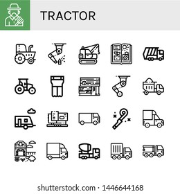 Set of tractor icons such as Farmer, Tractor, Machinery, Agriculture, Garbage truck, Planter, Rubber land, Dumper, Trailer, Cargo truck, Blower, Sheep farm, Mixer truck , tractor