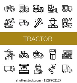 Set of tractor icons. Such as Garbage truck, Machinery, Cargo truck, Mixer truck, Blower, Bulldozer, Farmer, Crane Sheep farm, Tractor, Seeder, Dumper, Planter , tractor icons