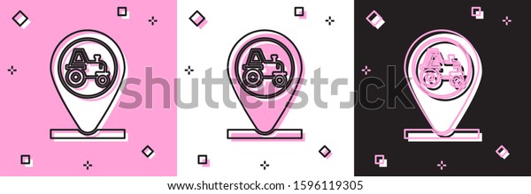 Set Tractor and location\
icon isolated on pink and white, black background.  Vector\
Illustration