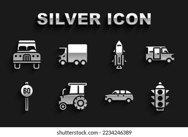 Traktor-Set, Minibus, Ampel, Hatchback-Auto, Geschwindigkeitsbegrenzung, Raketenschiff mit Feuer, Auto-und Lieferwagen-Symbol. Vektorgrafik