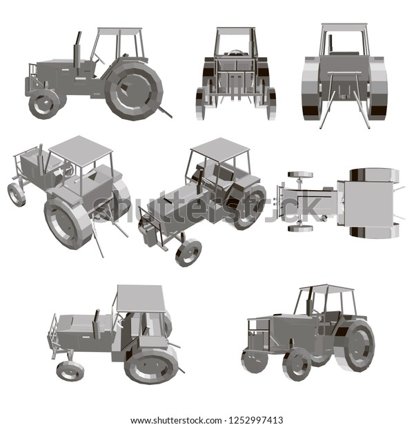 Set with a tractor. Model of a\
detailed tractor in different positions. 3D Vector\
illustration.