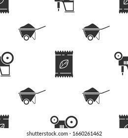 Set Tractor, Un paquete lleno de semillas de una planta específica y Wheelbarrow con suciedad en un patrón sin fisuras. Vector