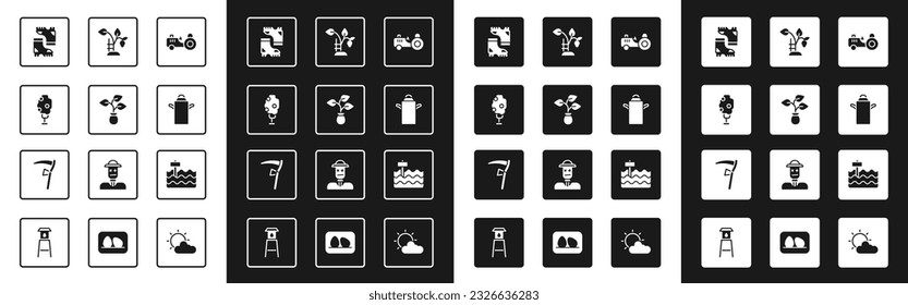 Traktor-Set, Pflanze, Baum mit Apfel, wasserdichte Gummi-Stiefel, Dosenbehälter für Milch, Erdbeerstrauch, Gartenbett und Scythe-Ikone. Vektorgrafik