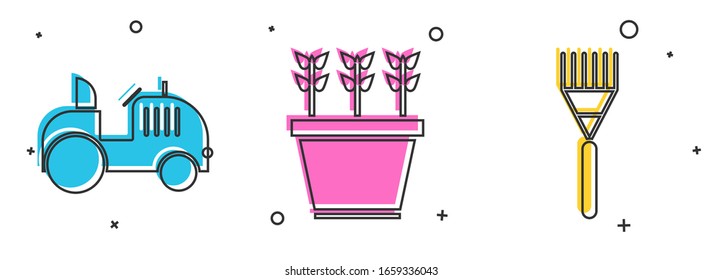 Set Traktor, Plants in Pot und Garden rake Symbol. Vektorillustration