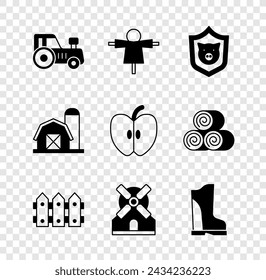 Set Tractor, Scarecrow, Shield with pig, Garden fence wooden, Windmill, Waterproof rubber boot, Farm house and Apple icon. Vector